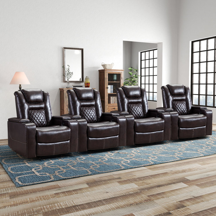 Luxury Individual Seat Leather Home Theater Seat Recliners Quadruple Seat Cave USB Dual Cup Holders Arm Storage Set of 4 Red Barrel Studio